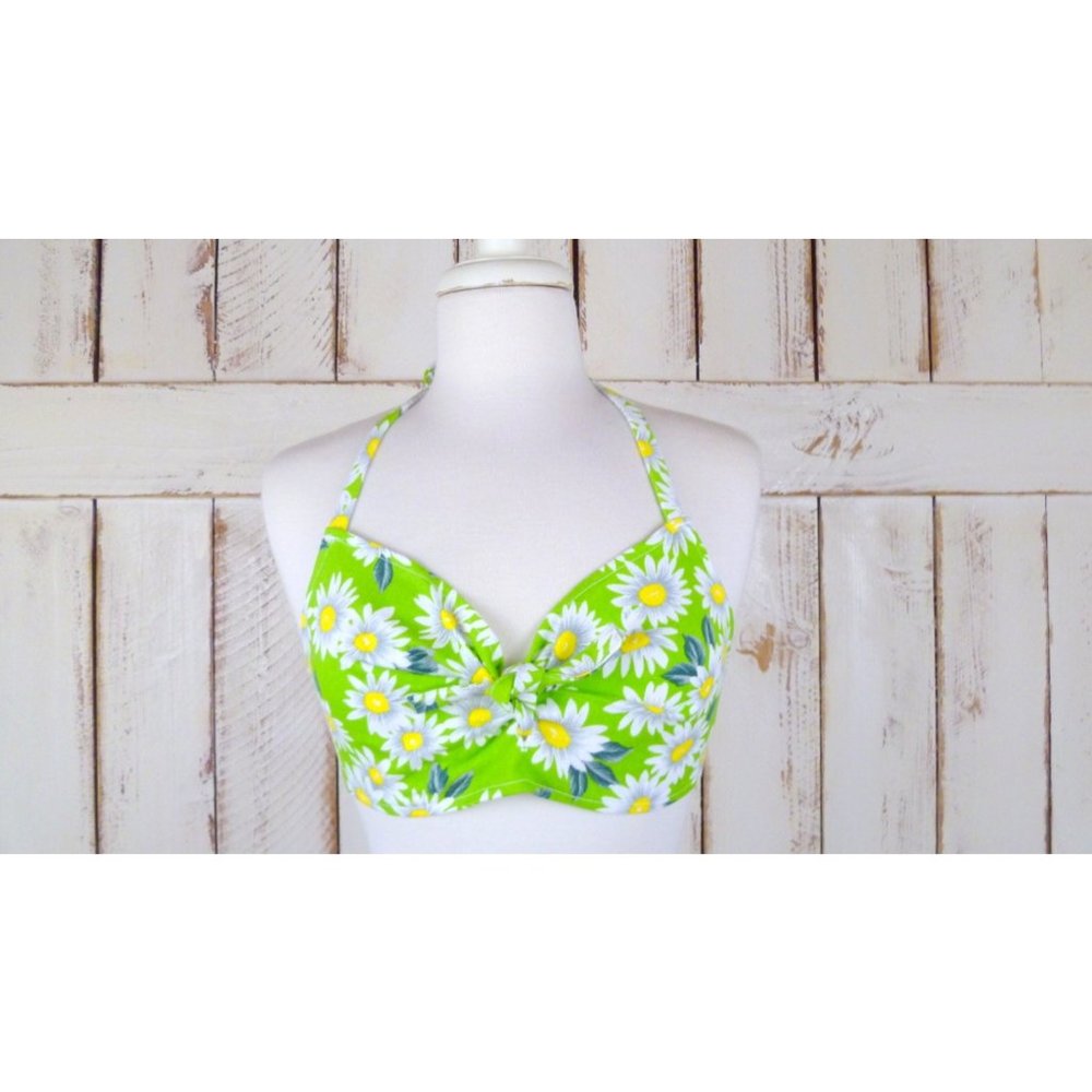 80s vintage green and white floral daisy cotton halter top/denim canvas …